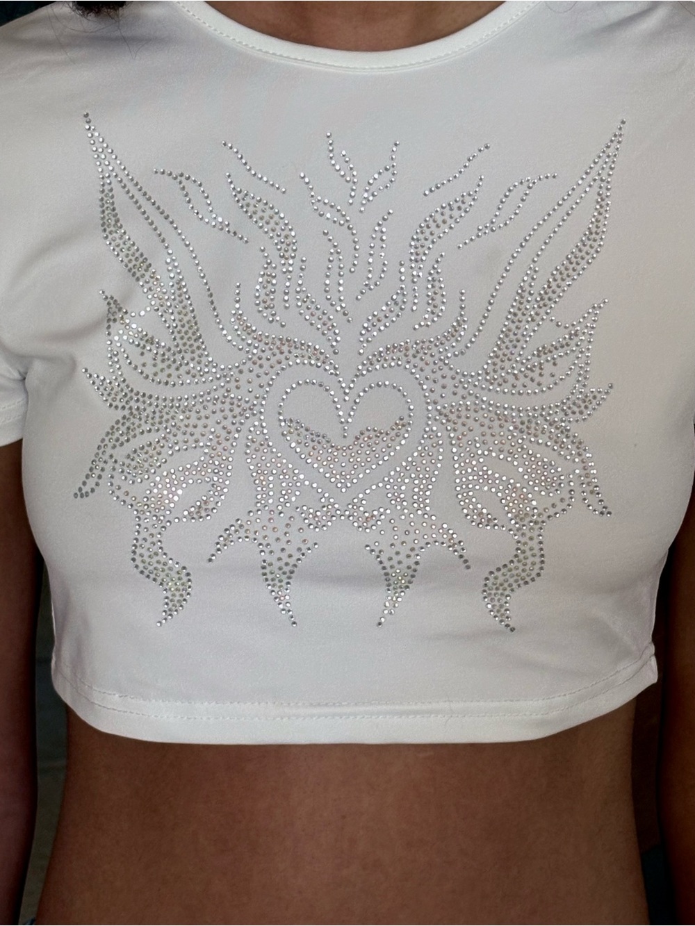 SHEIN White Rhinestone Heart Wing Crop Top
